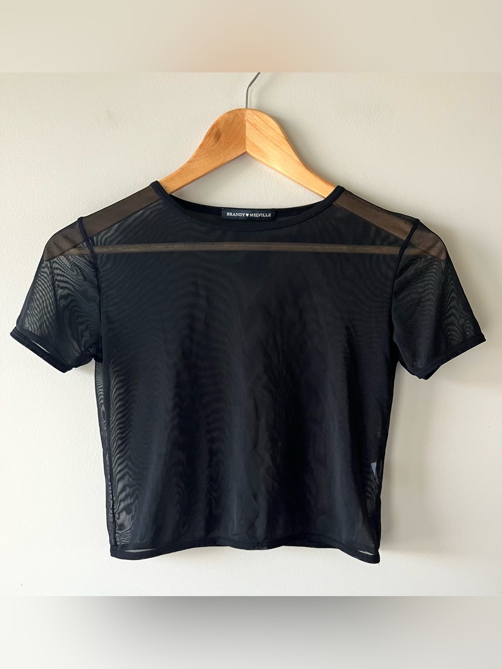 Brandy Melville Black Sheer Mesh Short-Sleeve Shirt Size Small Slightly Cropped